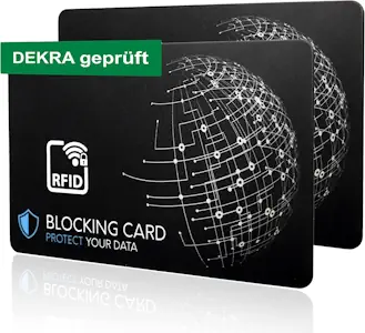 DEKRA geprüfte RFID Blocker Karte I Neuste E-Field Störsender-Technologie - zum Schutz vor Datendiebstahl I extra dünne Karte mit 0,8 mm für jede Geldbörse I Kartenschutz I NFC Schutz (2er Set)